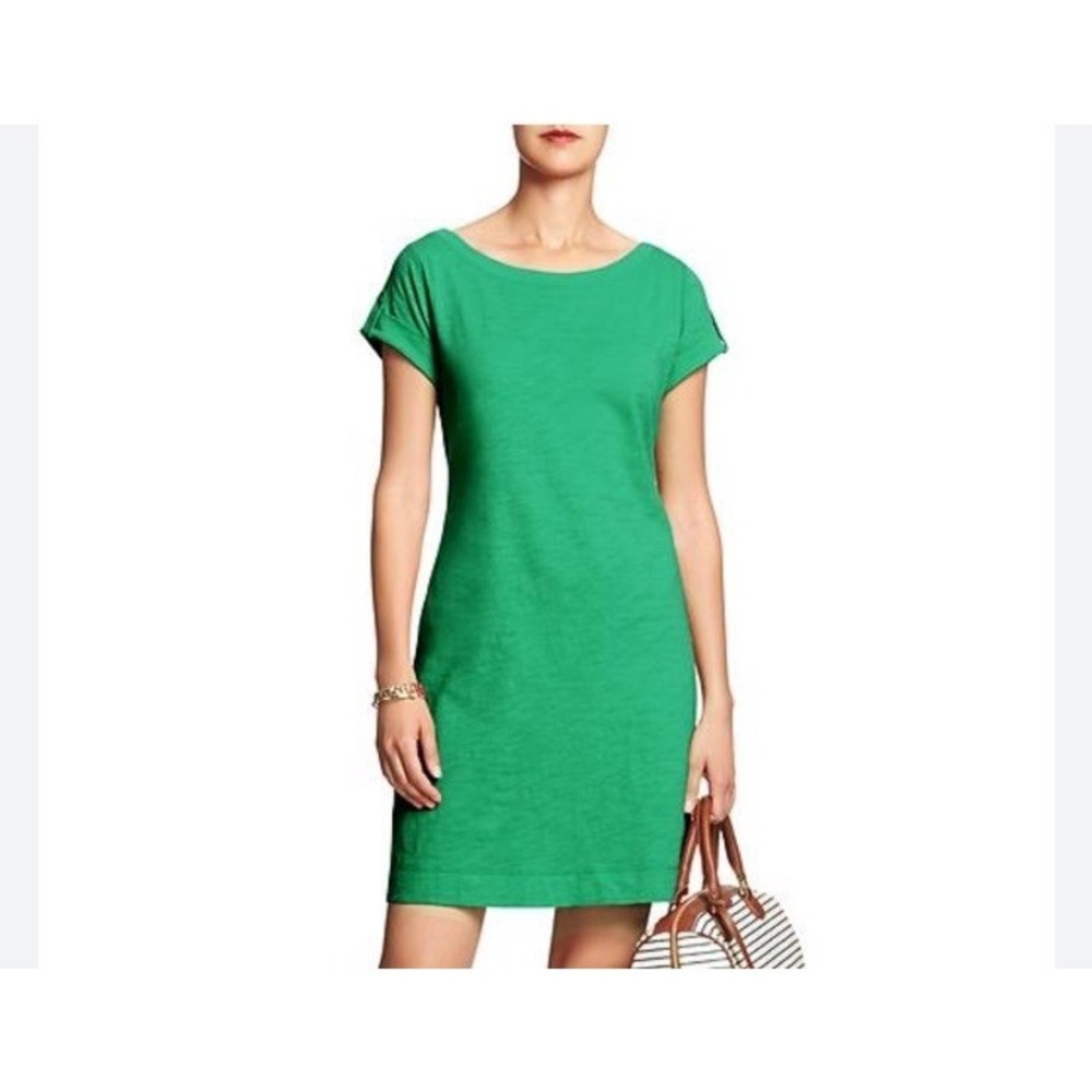 Banana Republic Solid Slub‎ Dress Green Women's Size Large Petite Short Sleeve